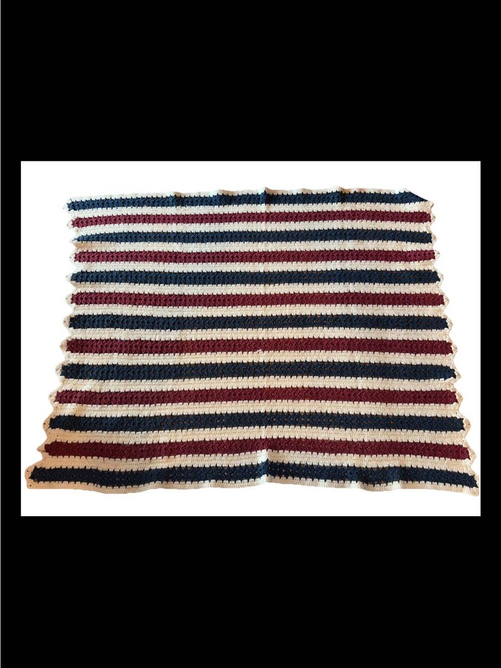 Vintage Crocheted Afghan Red White And Blue Patriotic Throw Blanket 55” X 68”